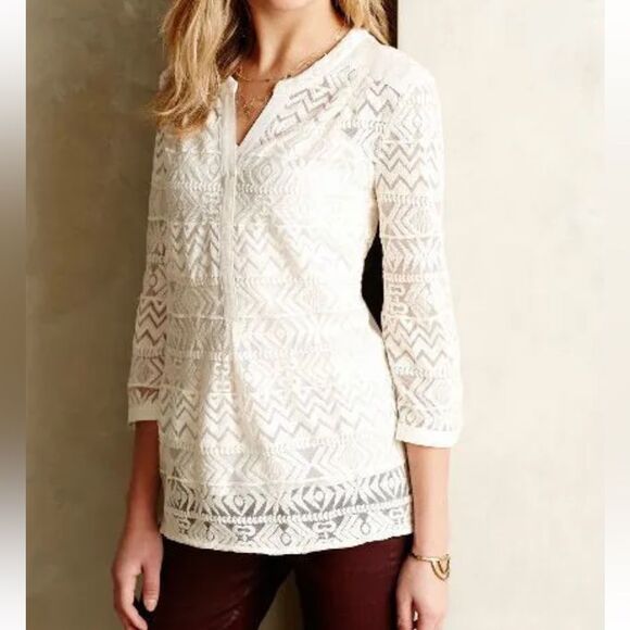 Anthropologie Tops - Anthropologie Embroidered Tulle Tunic By Vanessa Virginia, Ivory Top size 2